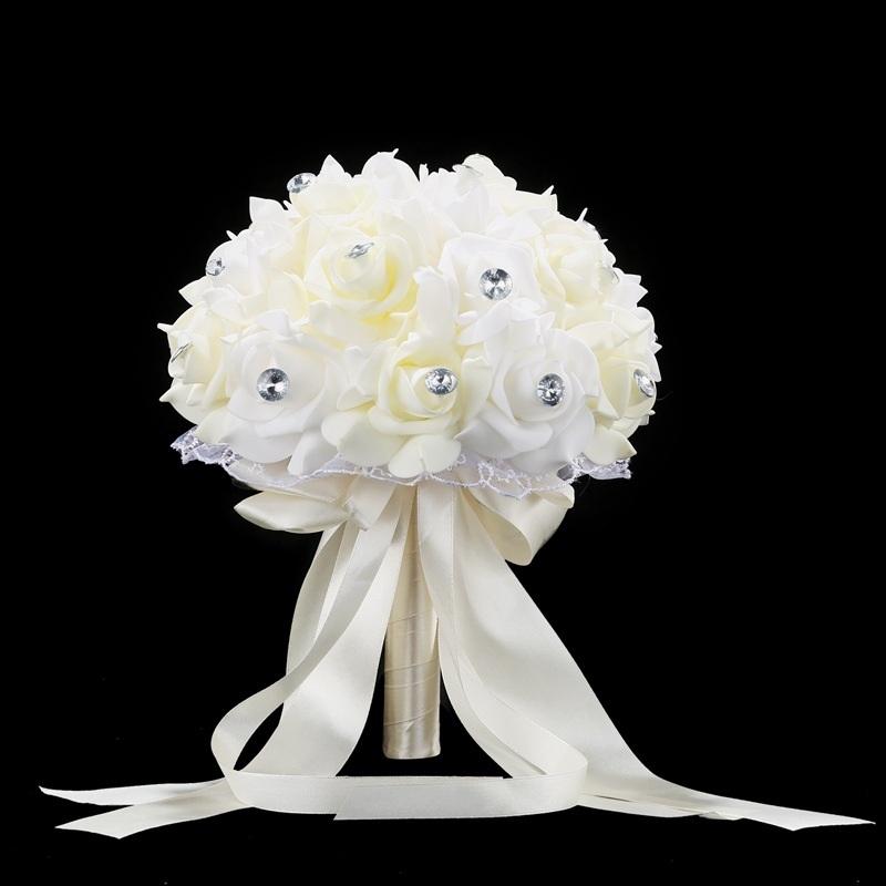 Ivory crystal diamond rose bridal bouquet artificial flowers for wedding bride bridesmaid church