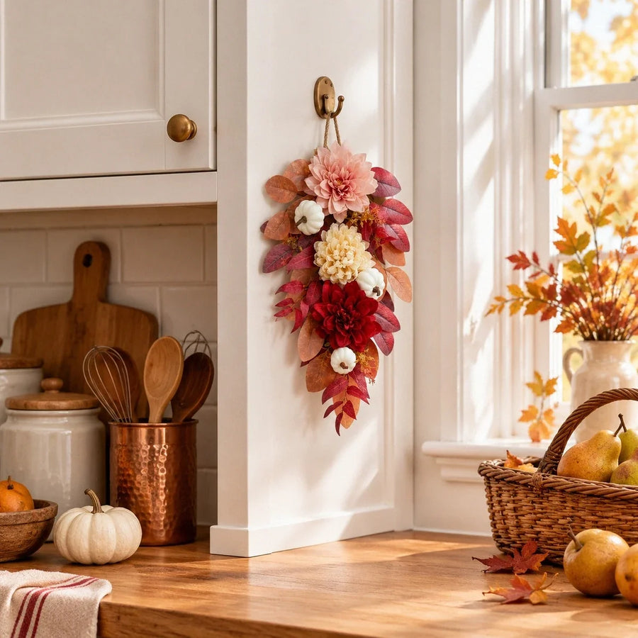 Pink Burgundy Pumpkin Rose Harvest Swag – Fall, 24in