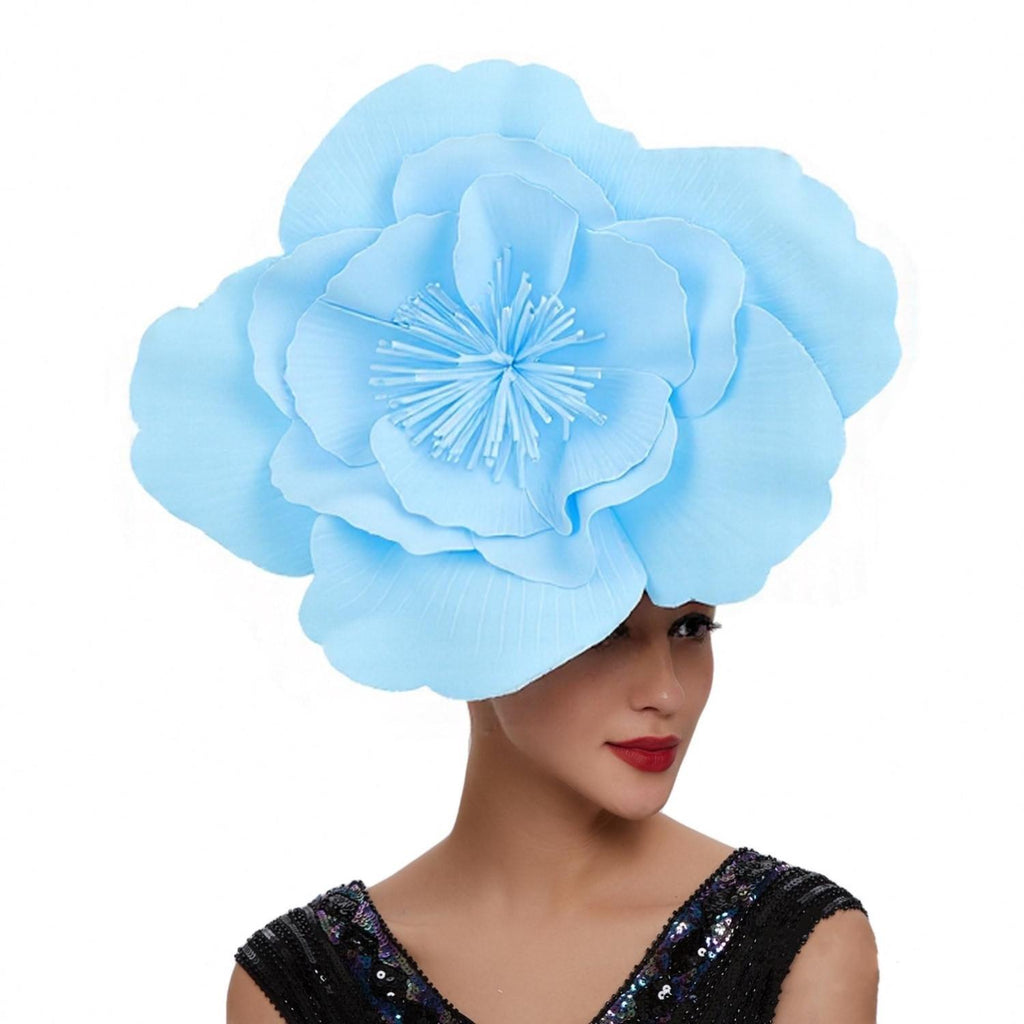 Lake blue large flower fascinator hat with headband for tea party and Derby
