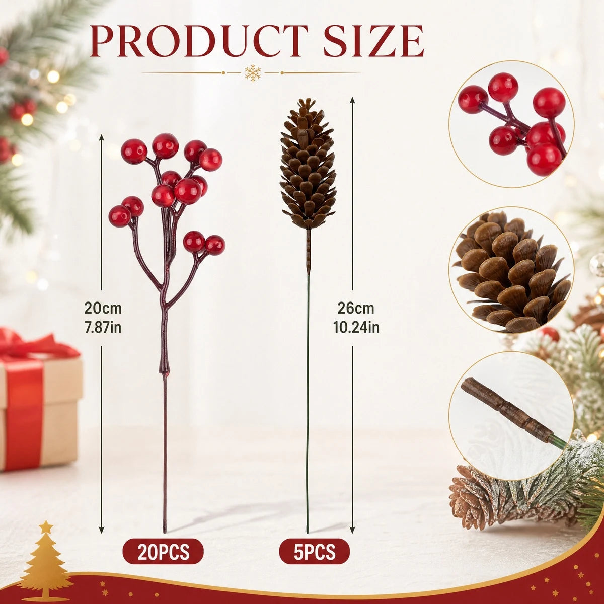 Red Berry and Pine Cone Picks – 25 Pcs