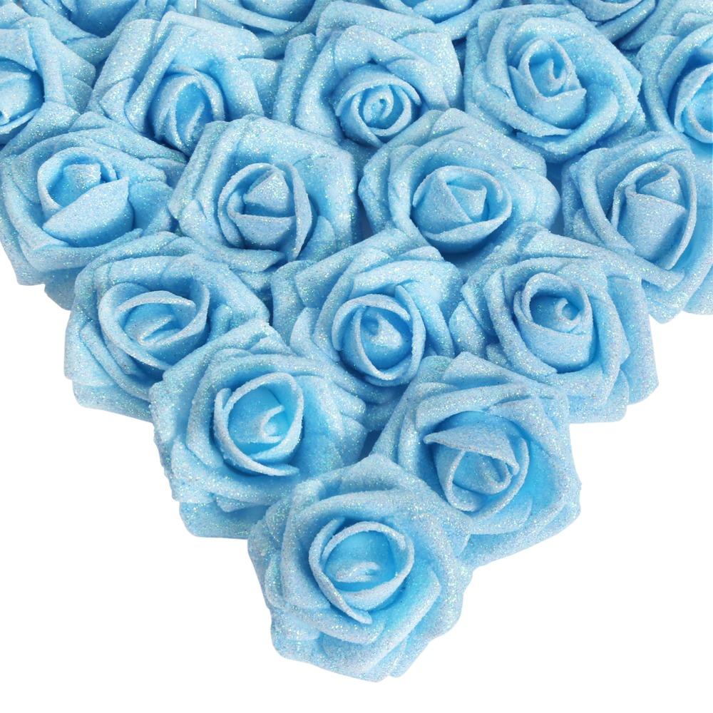 Light blue glitter artificial roses 25pcs with stem for wedding bridal bouquet decor