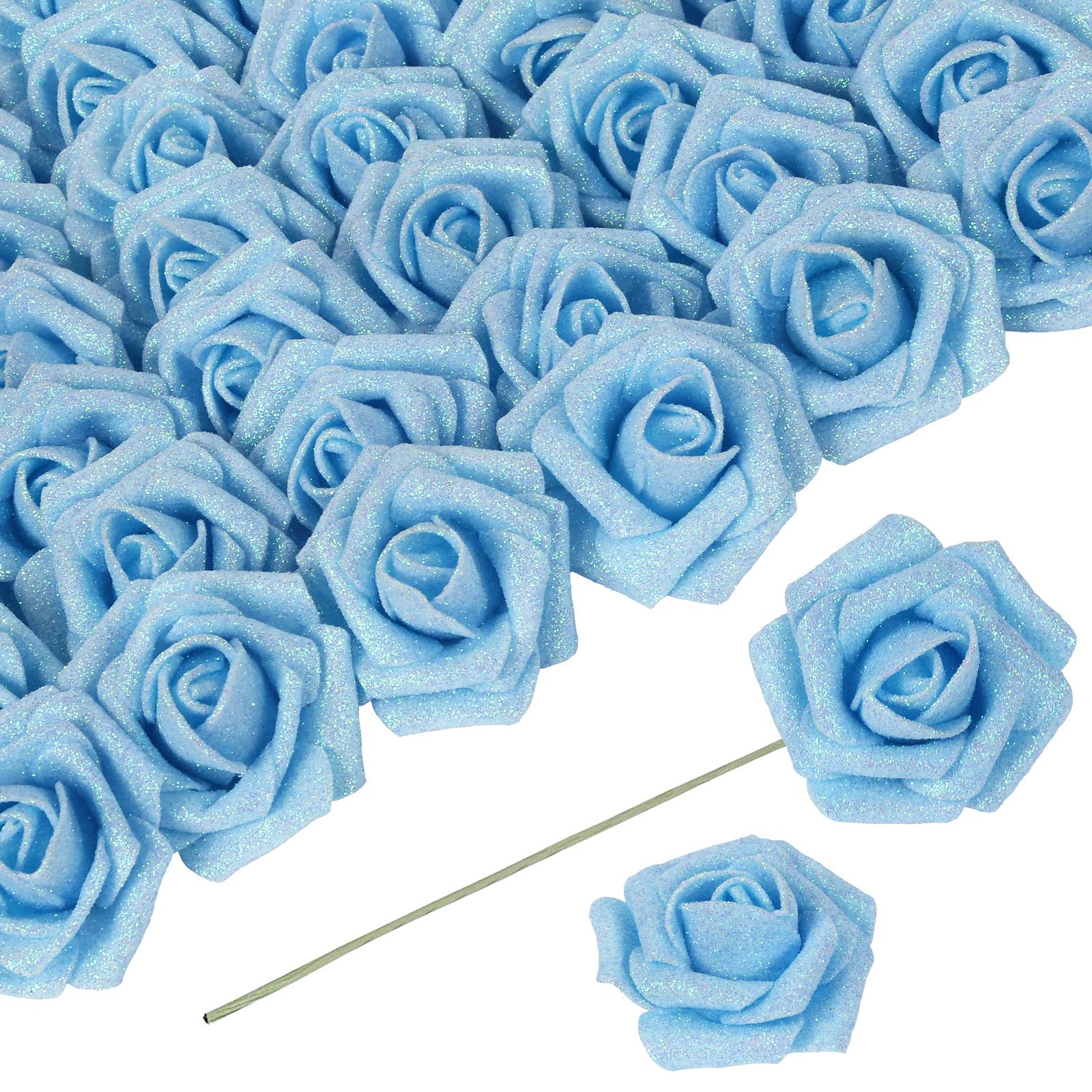 Light blue glitter foam roses 30pcs 3.15in artificial flowers for wedding DIY decor