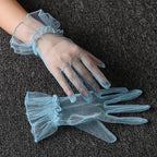 Light blue ruffled tulle short gloves for wedding and garden party events
