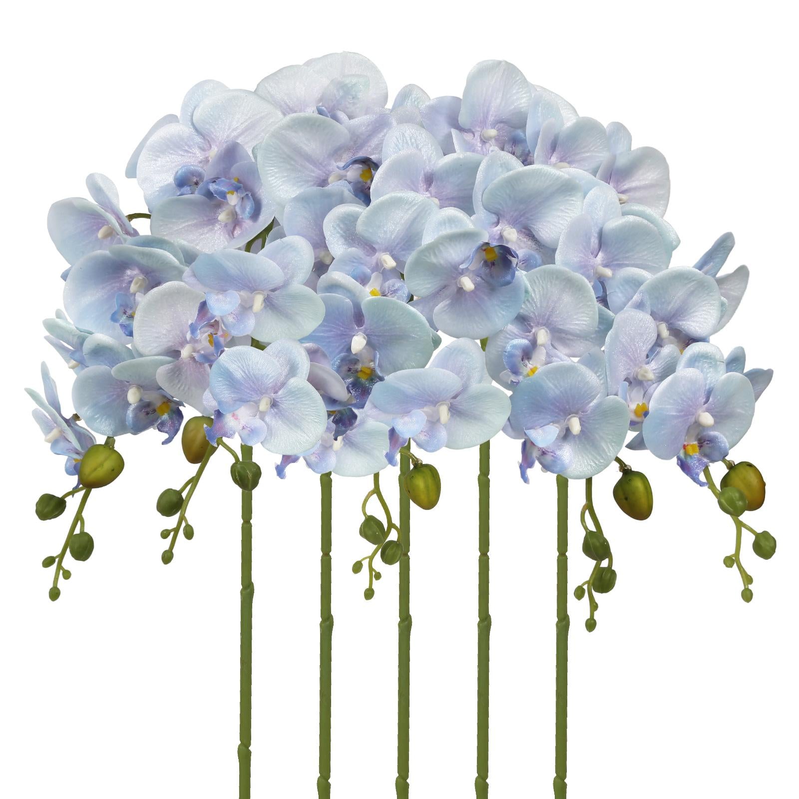 Light blue glitter artificial phalaenopsis orchid stems 5pcs for wedding reception table centerpiece