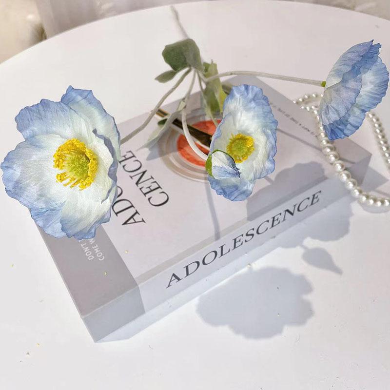 Light blue silk artificial poppy flowers 8pcs with stem for wedding party table centerpiece decor