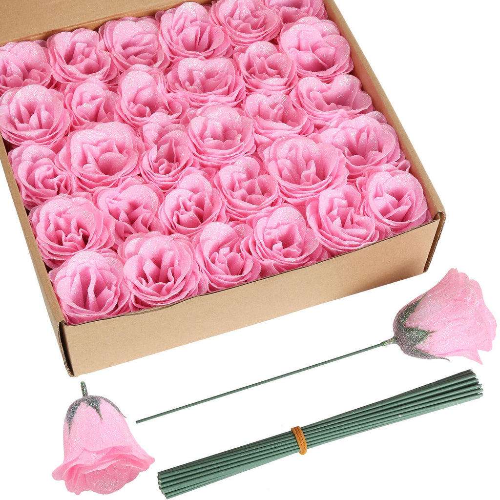 Light pink glitter roses bouquet 30pcs with stems for wedding party home decor