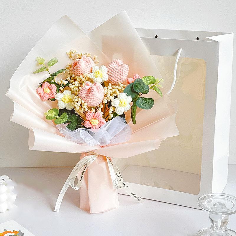 Light pink handmade crochet flower bouquet sunflowers roses eucalyptus for Mother's Day wedding gift