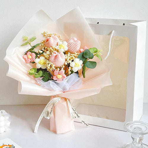 Light pink handmade crochet flower bouquet sunflowers roses eucalyptus for Mother's Day wedding gift