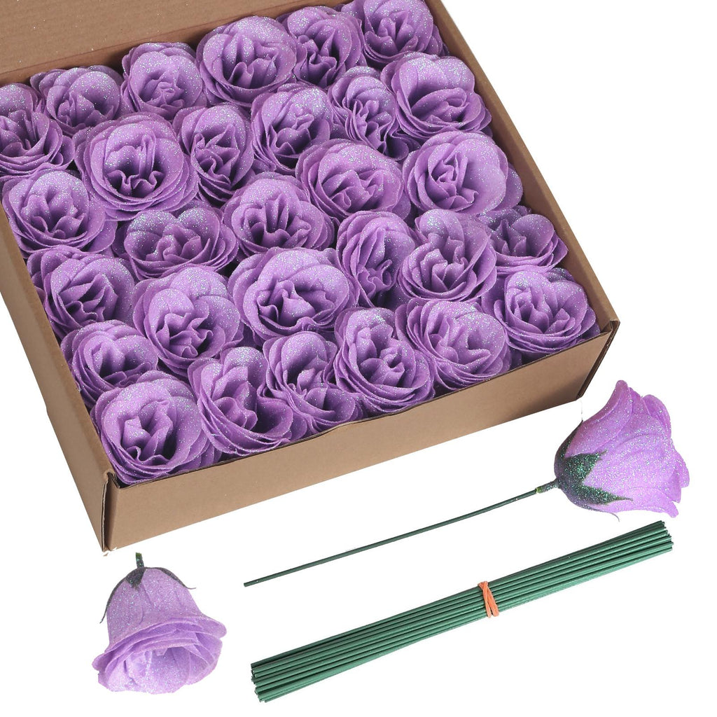 Light purple glitter roses bouquet 30pcs with stems for wedding party home decor