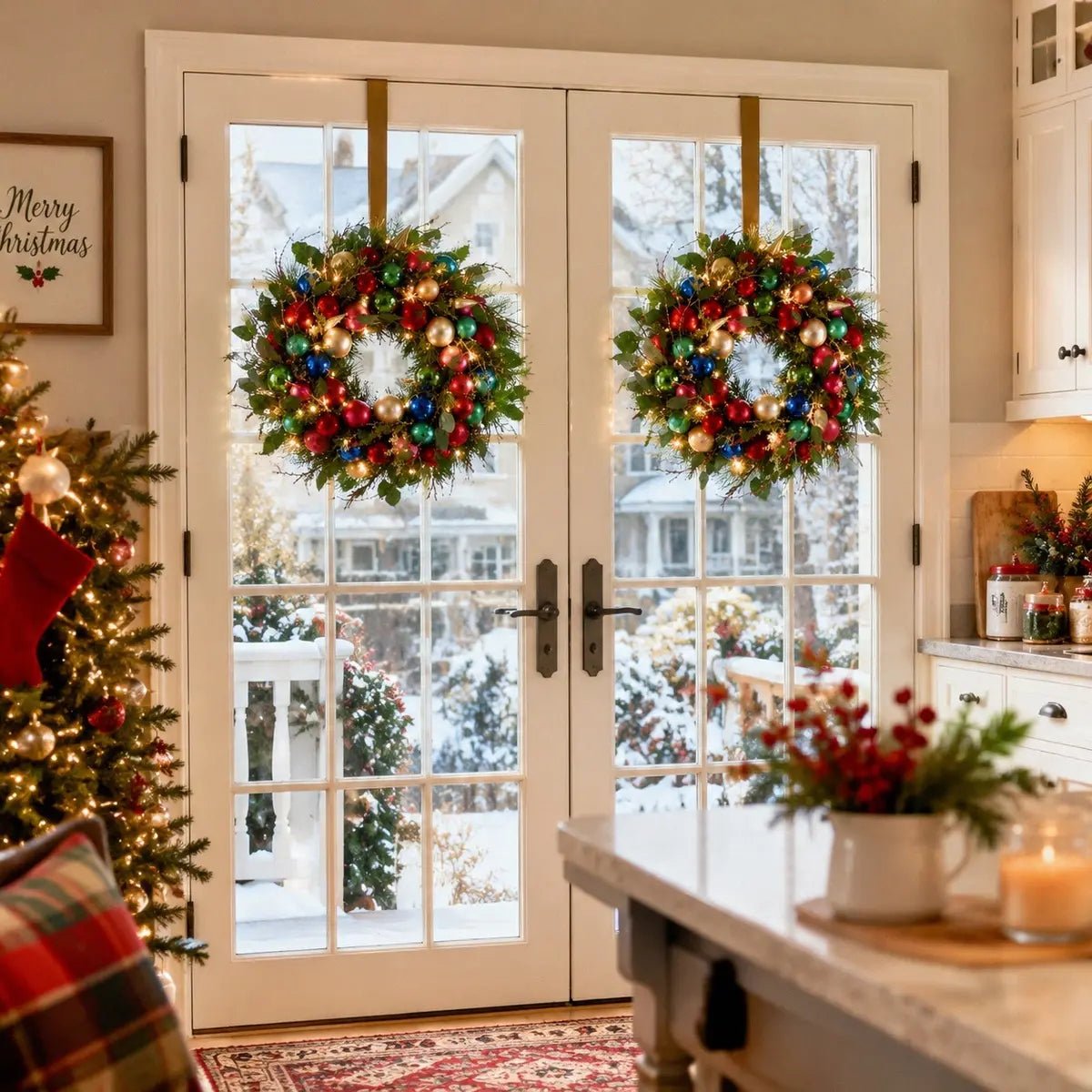 Two 17.7 inch lighted Christmas wreaths with multicolor red green blue gold and teal ball ornaments, gold cone pendants and eucalyptus leaves with warm LED lights, hung symmetrically on two white French door panels with a snowy winter garden visible through the glass, beside a fully decorated Christmas tree with red stockings, a Merry Christmas wall sign, a white marble kitchen island with a red berry centerpiece and a lit candle, in a warm traditional Christmas kitchen

