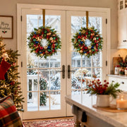Snow Flocked Christmas Wreath with Red, Green & Gold Ornaments