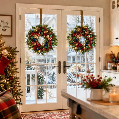 Two 17.7 inch lighted Christmas wreaths with multicolor red green blue gold and teal ball ornaments, gold cone pendants and eucalyptus leaves with warm LED lights, hung symmetrically on two white French door panels with a snowy winter garden visible through the glass, beside a fully decorated Christmas tree with red stockings, a Merry Christmas wall sign, a white marble kitchen island with a red berry centerpiece and a lit candle, in a warm traditional Christmas kitchen
