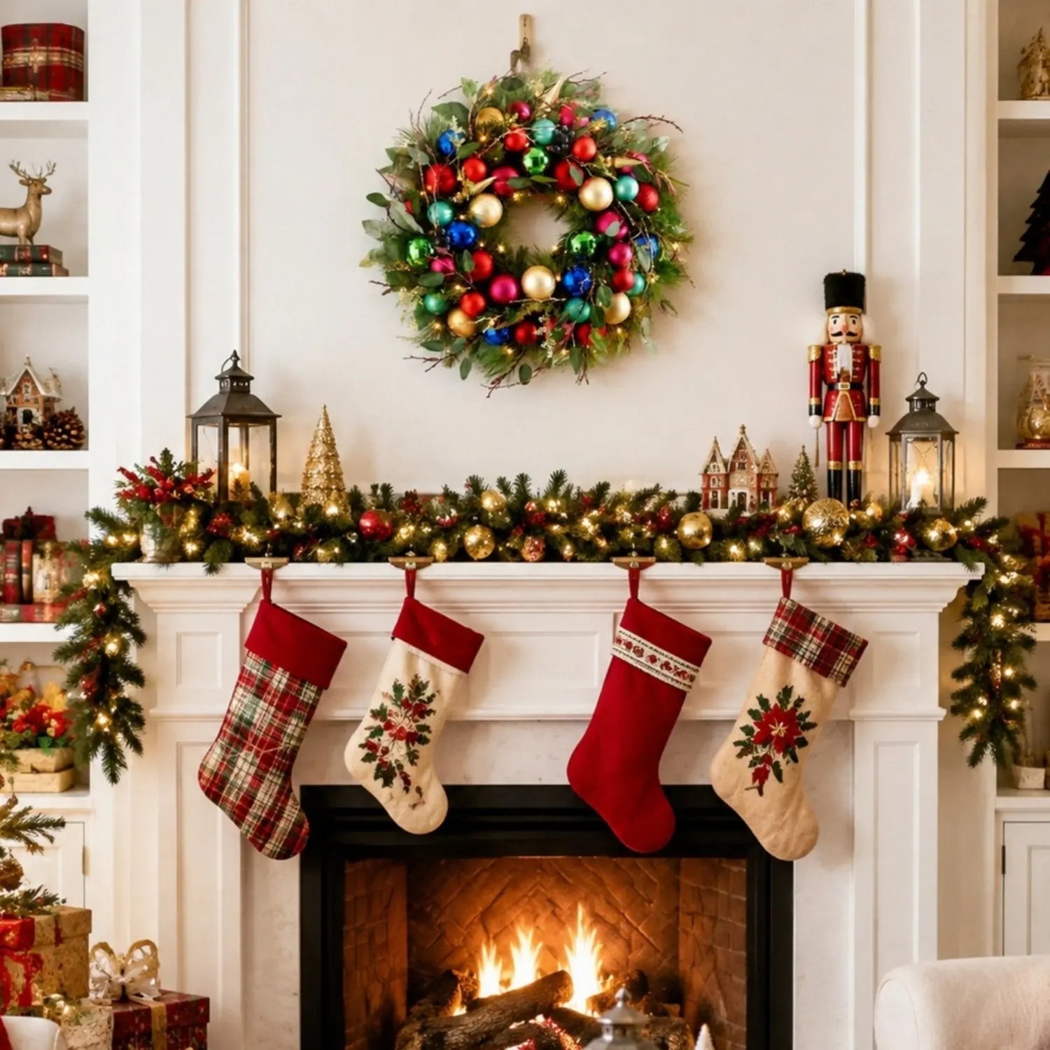 17.7 inch lighted Christmas wreath with multicolor red green blue gold pink and teal ball ornaments, gold cone pendants, gold snowflake picks, red berry clusters and eucalyptus leaves on pine and twig base with warm LED lights, hung above a white fireplace mantel decorated with a lit pine garland, four Christmas stockings in red plaid and cream poinsettia embroidery, a nutcracker soldier, black lanterns and a gold Christmas tree, with built-in bookshelves styled with holiday figurines on both sides