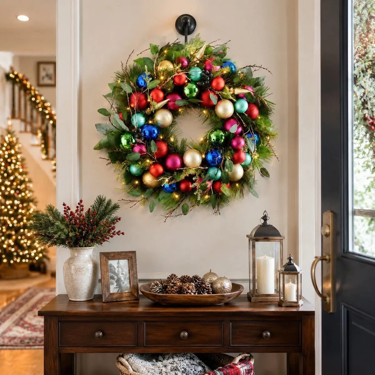 17.7 inch lighted Christmas wreath with multicolor red green blue gold pink and teal ball ornaments, gold cone pendants, red berry clusters and eucalyptus leaves with warm LED lights, hung on a cream interior wall above a dark walnut console table styled with a white ceramic vase of pine and red berry stems, a wood photo frame, a dough bowl with pinecones and gold ornaments, and two bronze lanterns with white pillar candles, with a lit Christmas tree and staircase garland visible in the background
