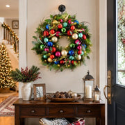 Snow Flocked Christmas Wreath with Red, Green & Gold Ornaments