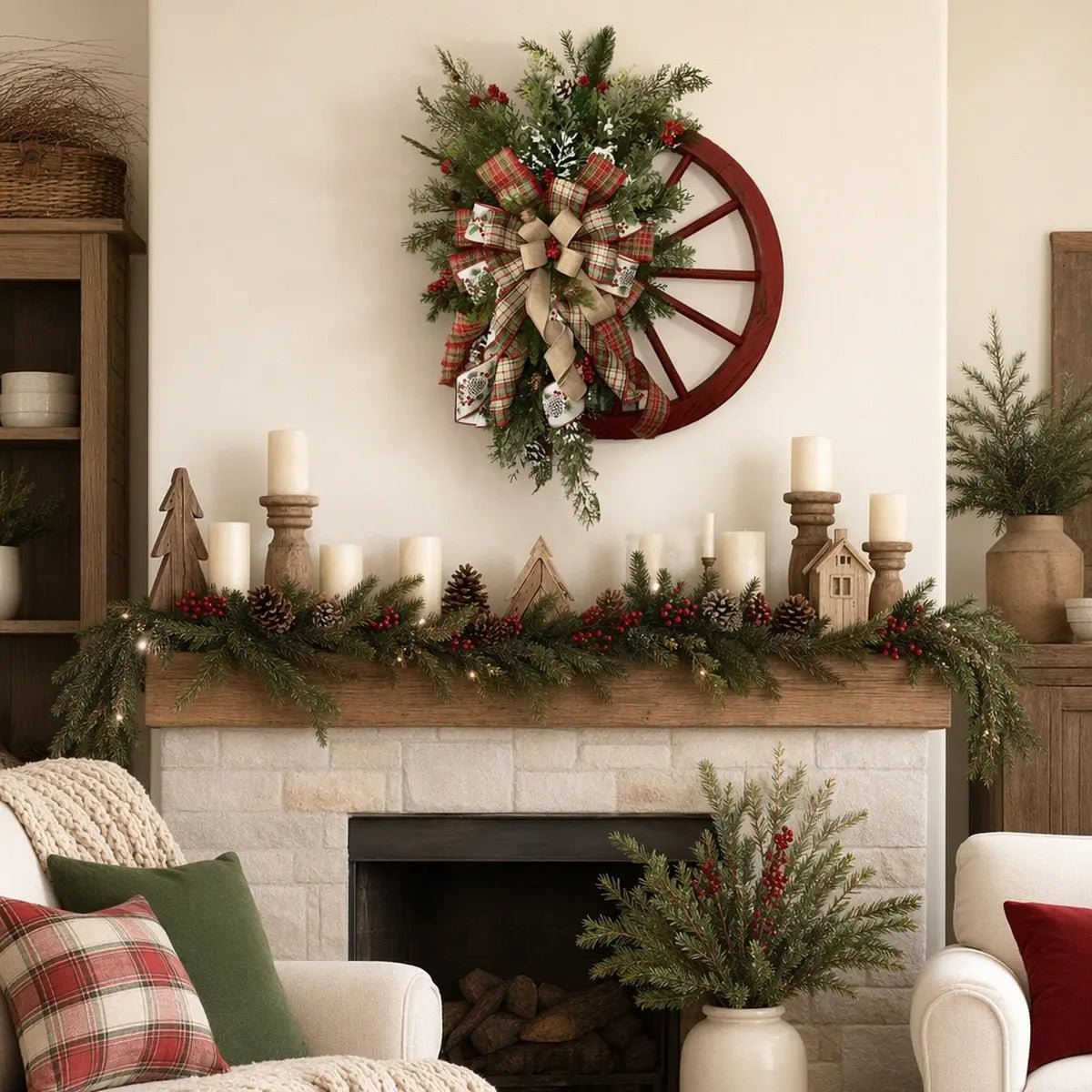 Wooden wagon wheel Christmas wreath with snowflake and berry accents hung on a porch wall for farmhouse outdoor Christmas decor