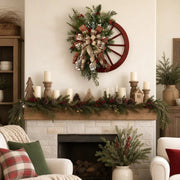 Wagon Wheel Christmas Wreath with Buffalo Plaid Bow – 16in