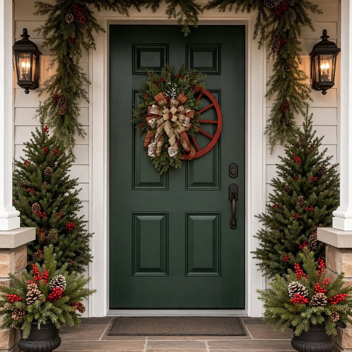 Rustic wooden roulette wheel Christmas wreath with snowflake, berry clusters and buffalo plaid bow, product flat lay on white background