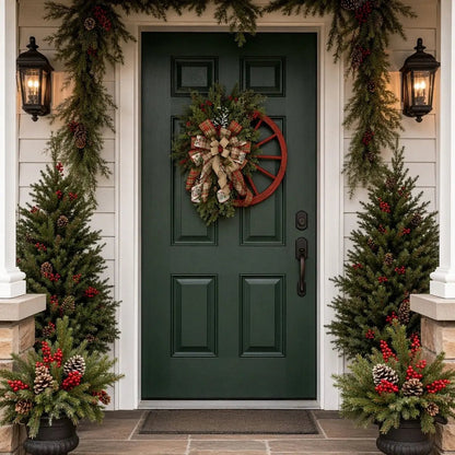 Rustic wooden roulette wheel Christmas wreath with snowflake, berry clusters and buffalo plaid bow, product flat lay on white background