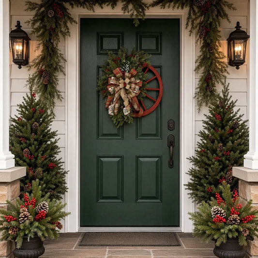 Rustic wooden roulette wheel Christmas wreath with snowflake, berry clusters and buffalo plaid bow, product flat lay on white background