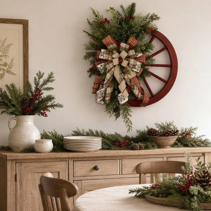Close-up detail of buffalo plaid bow, snowflake pick and red berry clusters on rustic wooden roulette wheel Christmas wreath
