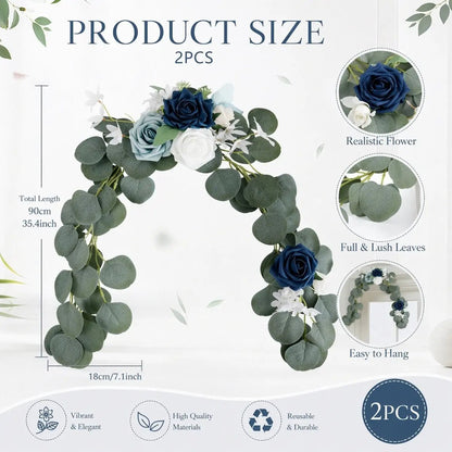 Navy blue dusty blue white rose silver dollar eucalyptus swag size chart: 90cm/35.4inch length, 18cm/7.1inch width, set of 2 pcs – IPOPU
