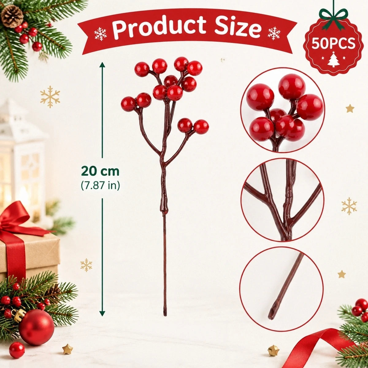 Red Berry Stems – 50 Pcs