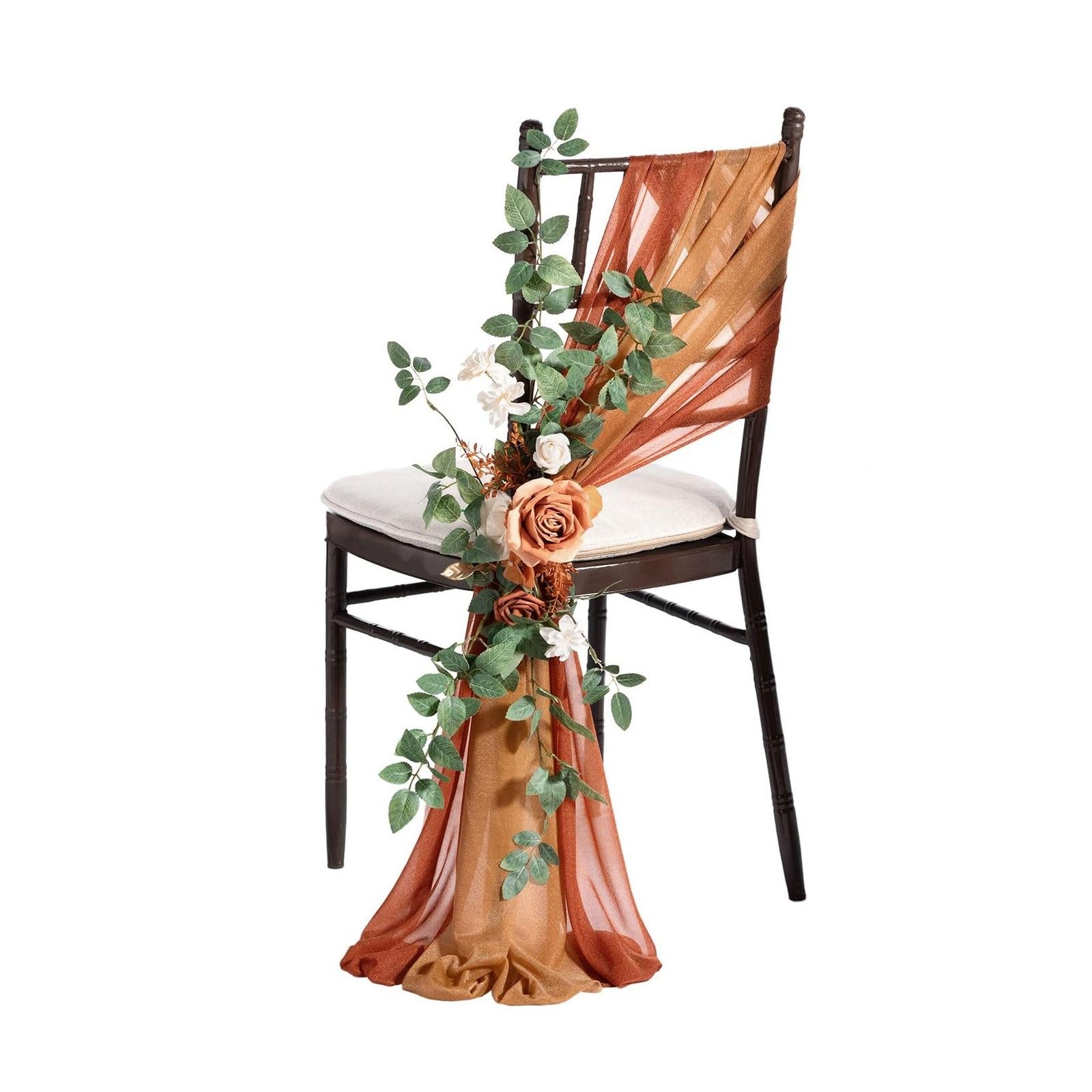 Orange artificial rose greenery swag wedding chair pew aisle ceremony decor