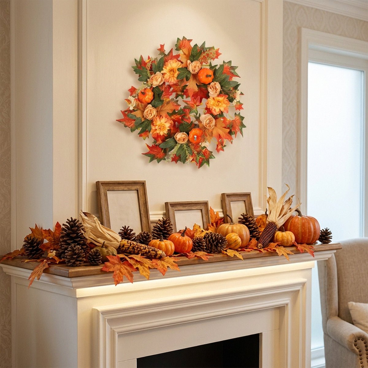 Artificial orange maple leaf wreath displayed above fireplace mantel fall decor – IPOPU
