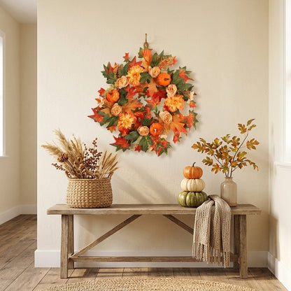 Orange fall maple leaf wreath with pumpkins hanging on wall entryway autumn decor – IPOPU
