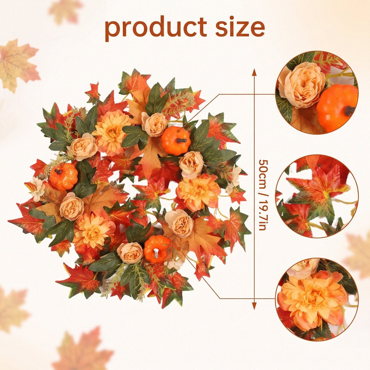 Orange fall maple leaf wreath product size chart dimensions reference – IPOPU
