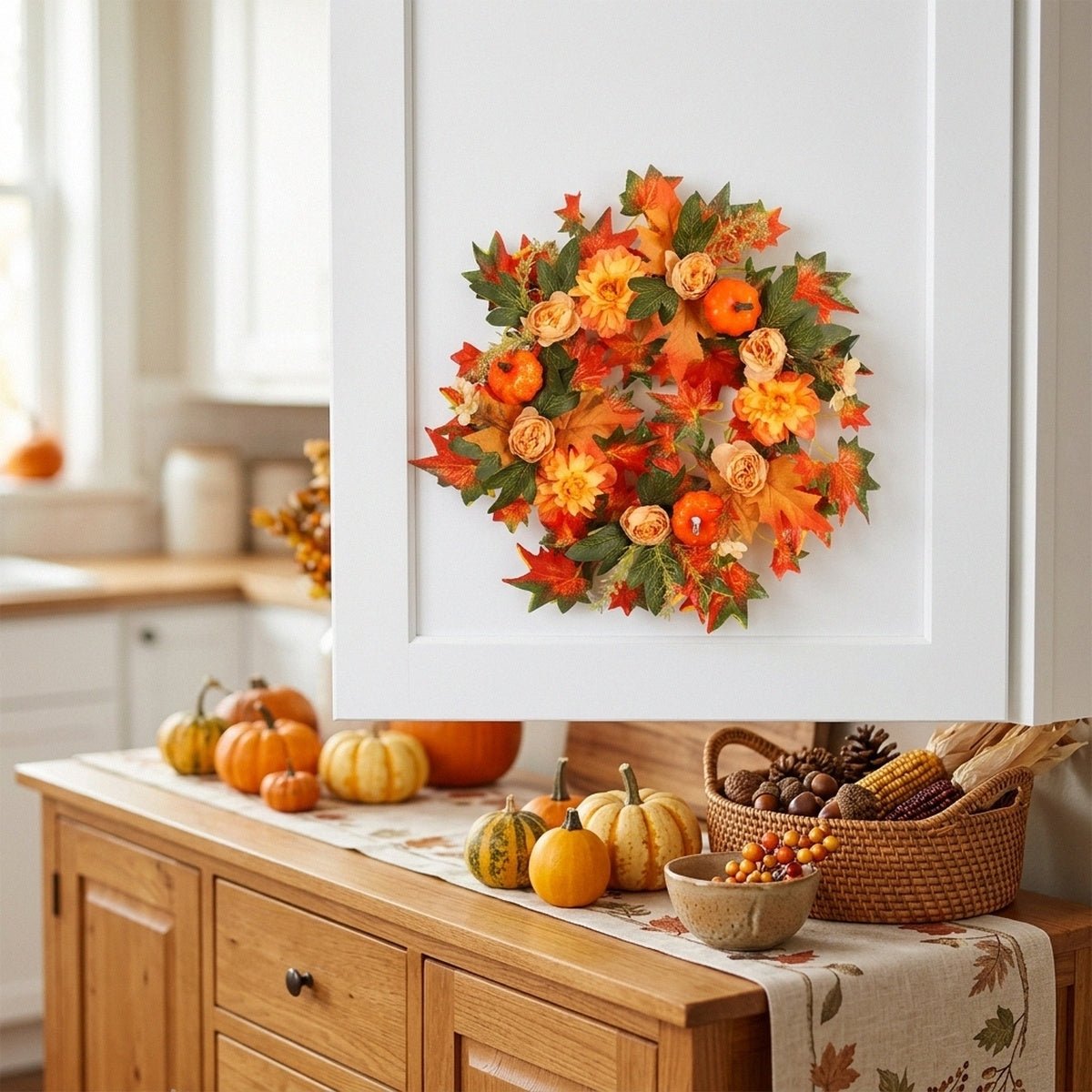 Artificial orange fall wreath with maple leaves displayed in kitchen autumn styling – IPOPU
