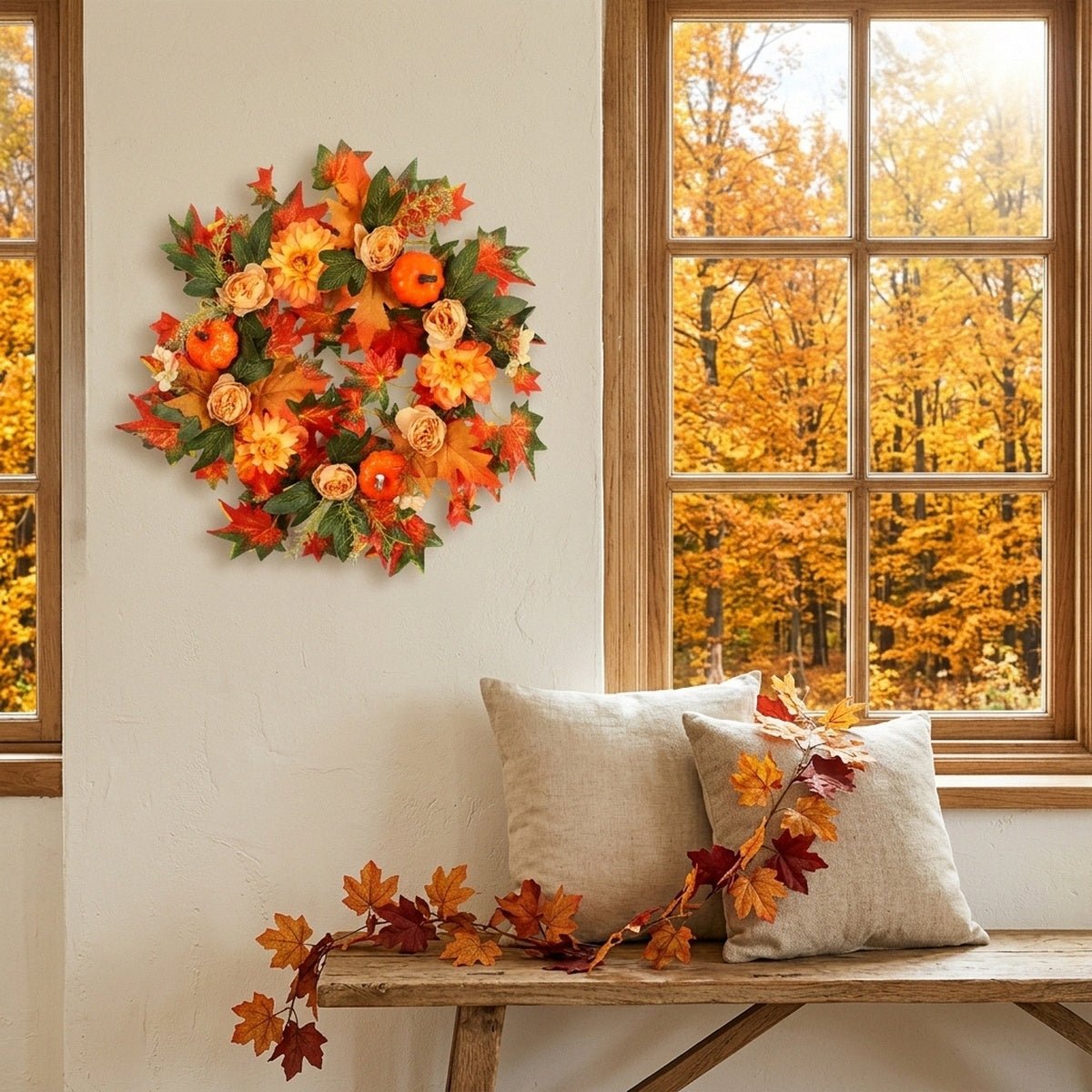 Orange fall maple leaf wreath hanging near window with warm autumn light – IPOPU

