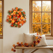 Orange Fall Maple Leaf Wreath with Pumpkins & Berries