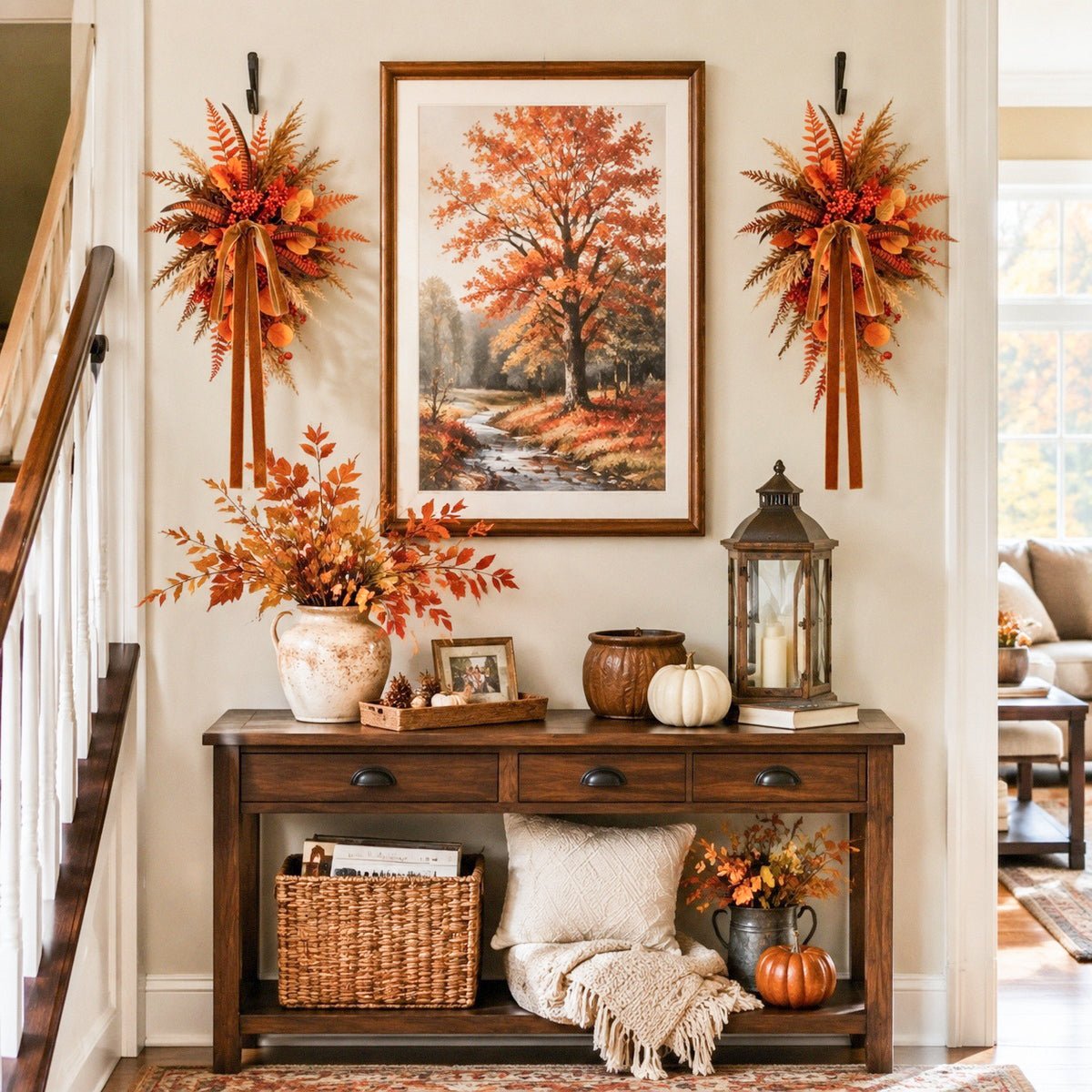 Fall teardrop swag with orange leaves and bow hanging on entryway wall for Thanksgiving – IPOPU
