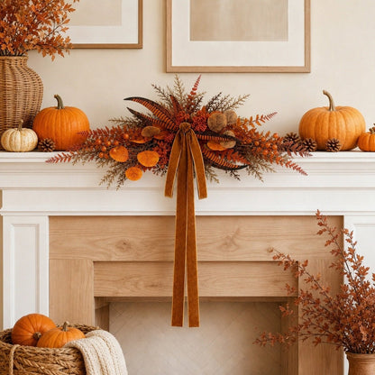 Artificial fall teardrop swag with orange foliage decorating outdoor porch pillar – IPOPU
