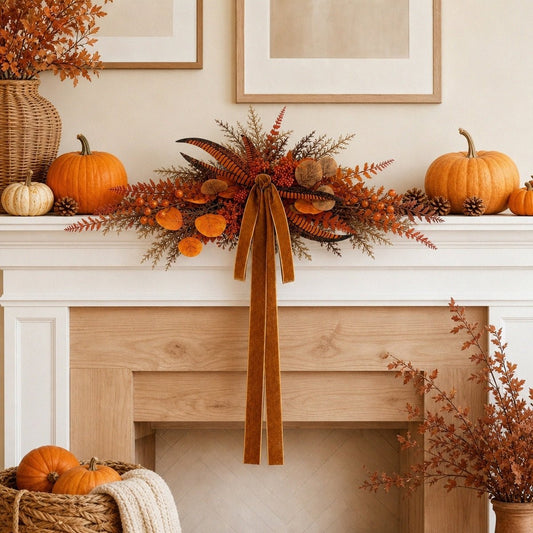 Artificial fall teardrop swag with orange foliage decorating outdoor porch pillar – IPOPU
