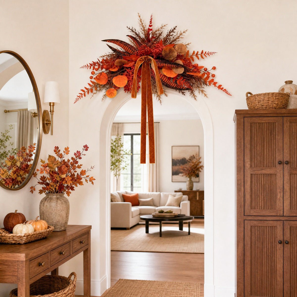 Orange fall swag with palm fronds and maple leaves on tall indoor stand autumn decor – IPOPU
