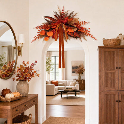 Orange fall swag with palm fronds and maple leaves on tall indoor stand autumn decor – IPOPU
