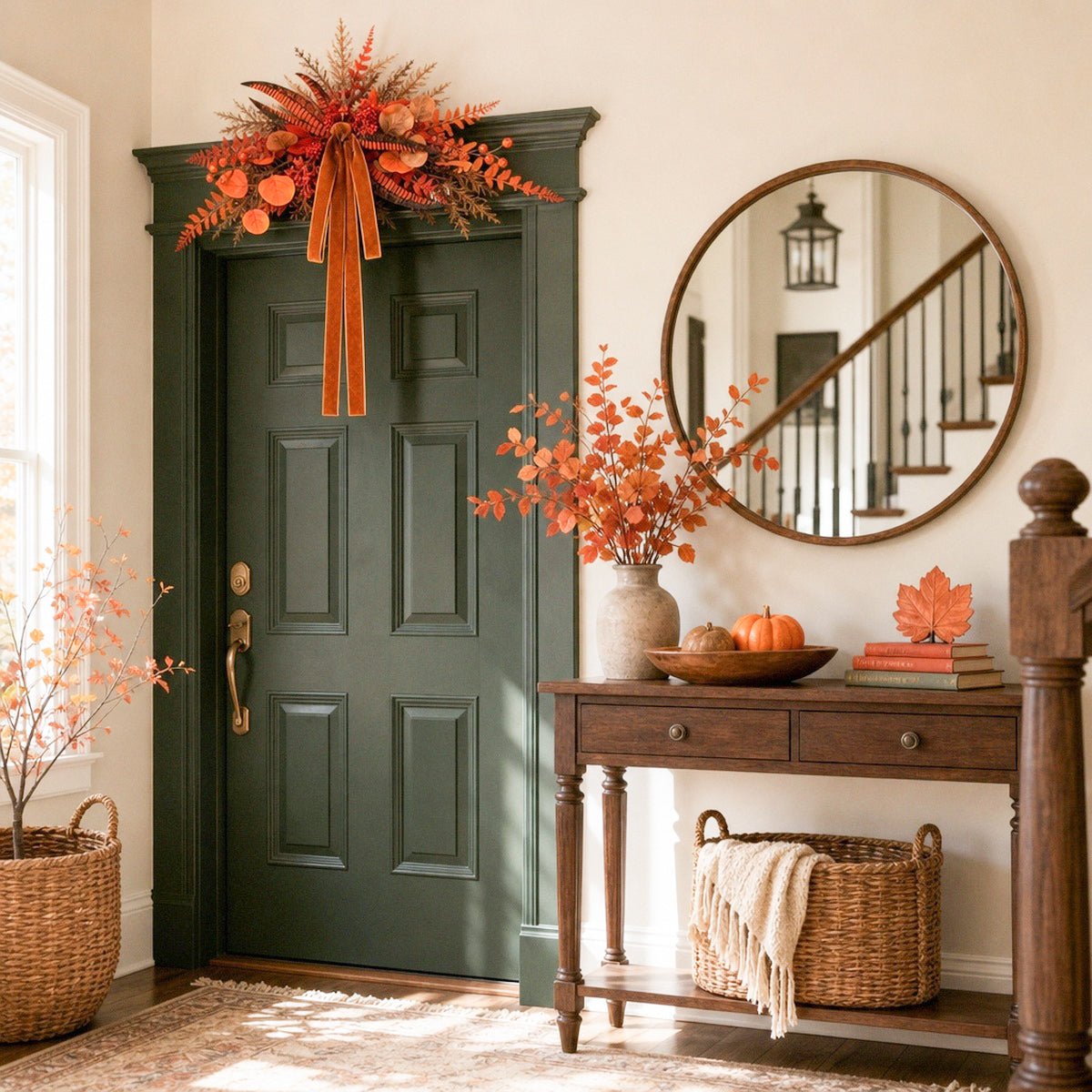 Orange maple leaf fall swag with bow on front door entryway Thanksgiving decor – IPOPU
