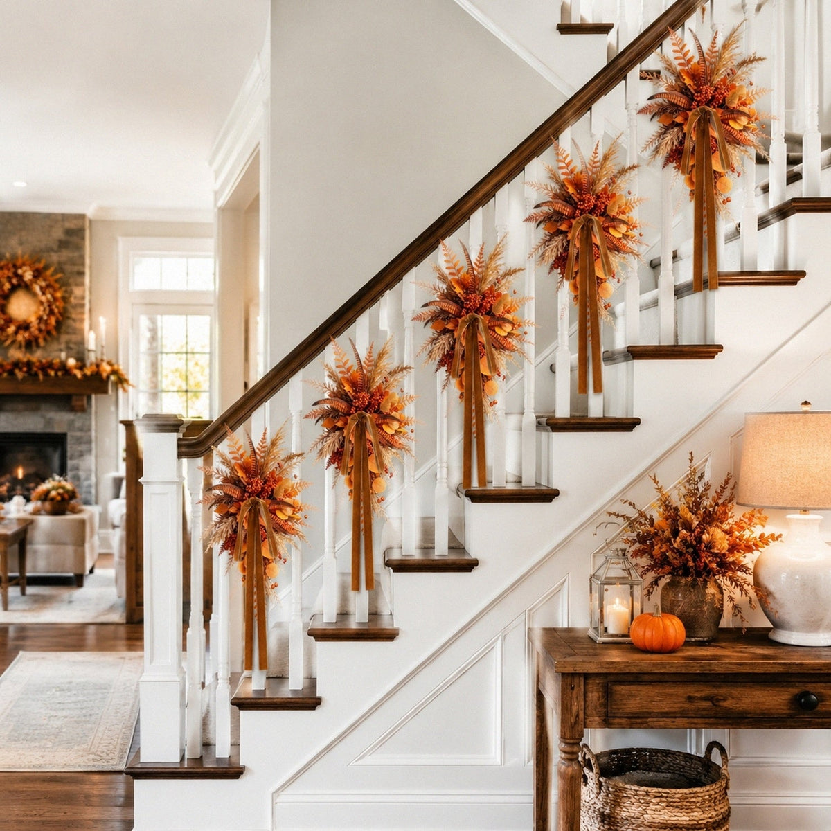 Artificial orange fall teardrop swag decorating staircase newel post autumn styling – IPOPU
