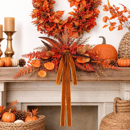 Orange fall teardrop swag with bow and maple leaves displayed on fireplace mantel – IPOPU

