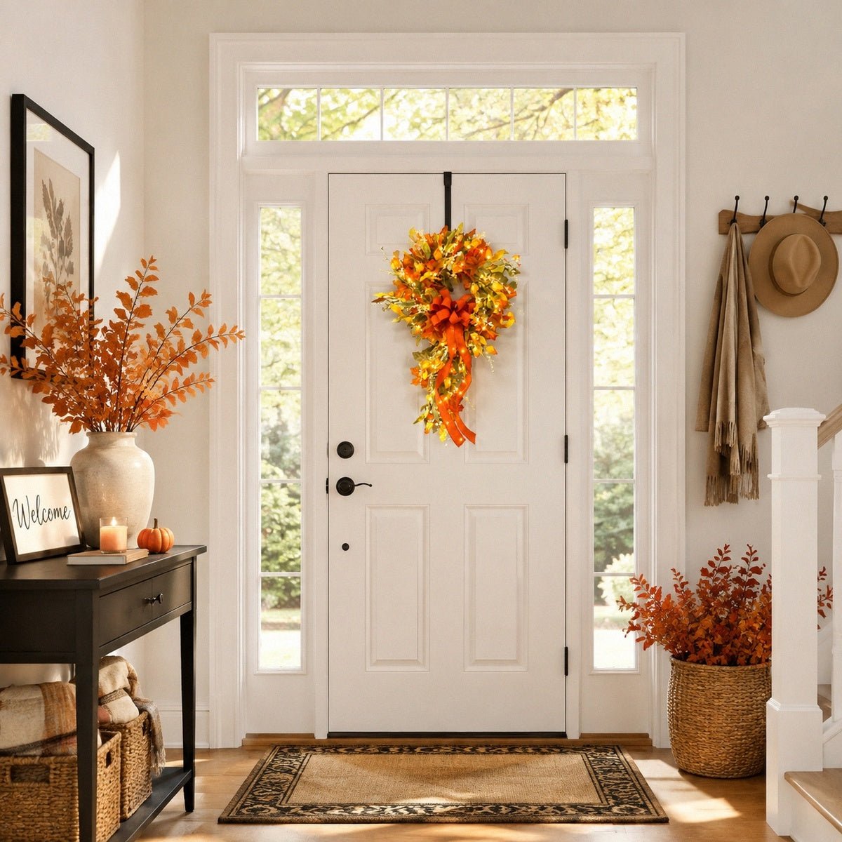 Artificial fall swag wreath with orange maple leaves decorating front door for Thanksgiving – IPOPU
