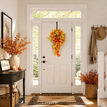 Artificial fall swag wreath with orange maple leaves decorating front door for Thanksgiving – IPOPU
