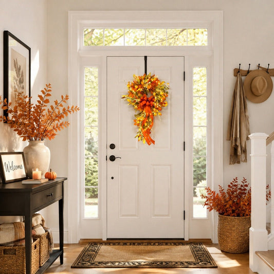 Artificial fall swag wreath with orange maple leaves decorating front door for Thanksgiving – IPOPU
