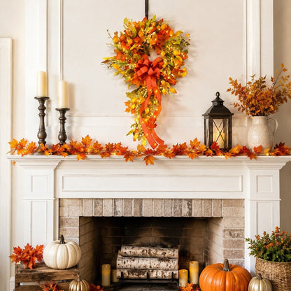 Orange harvest swag wreath with pumpkins and maple leaves above fireplace mantel – IPOPU
