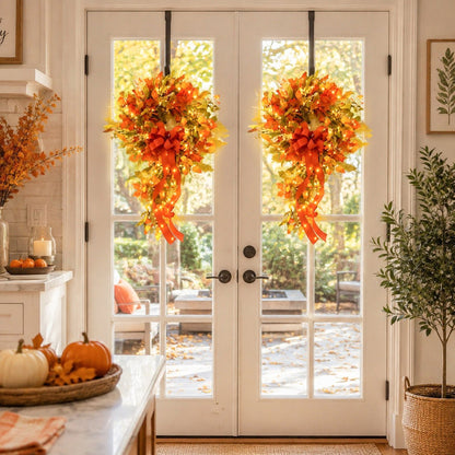 Fall teardrop swag wreaths with autumn foliage and bow on double front doors – IPOPU
