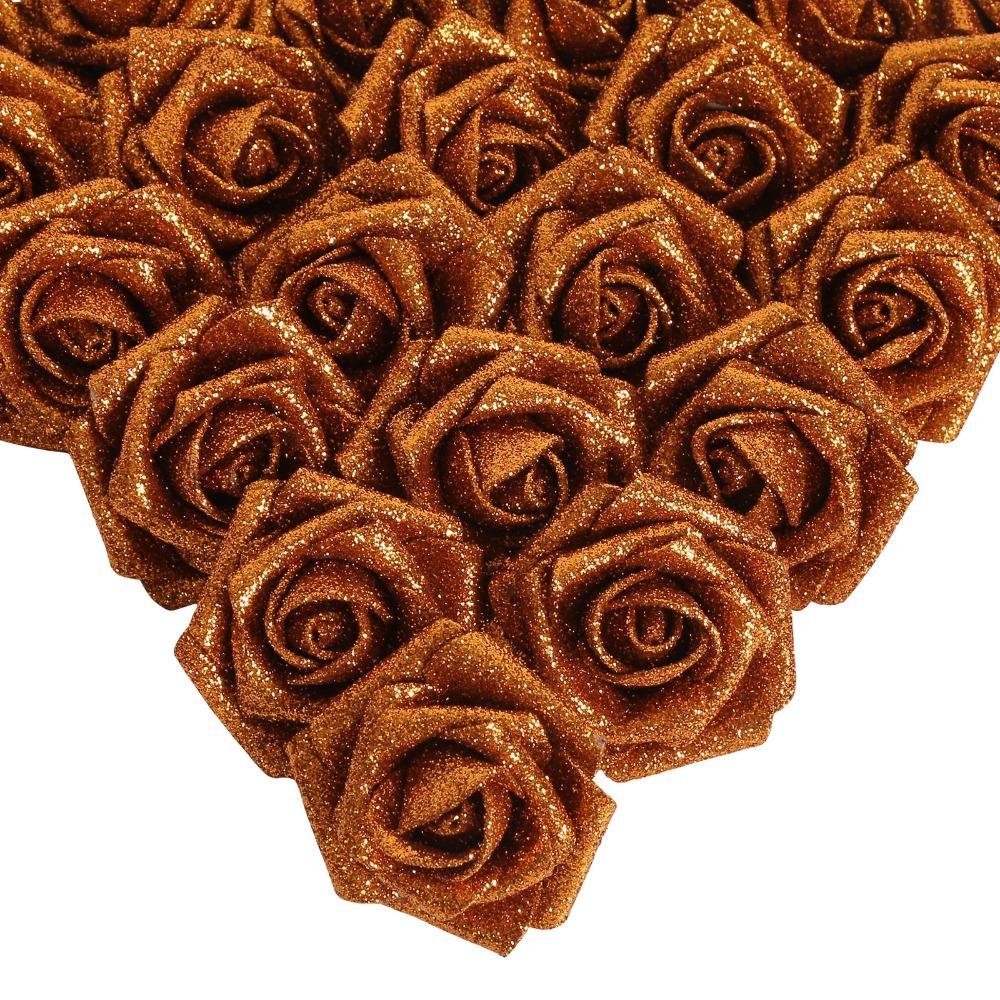 Orange glitter artificial roses 25pcs with stem for wedding bridal bouquet party decor