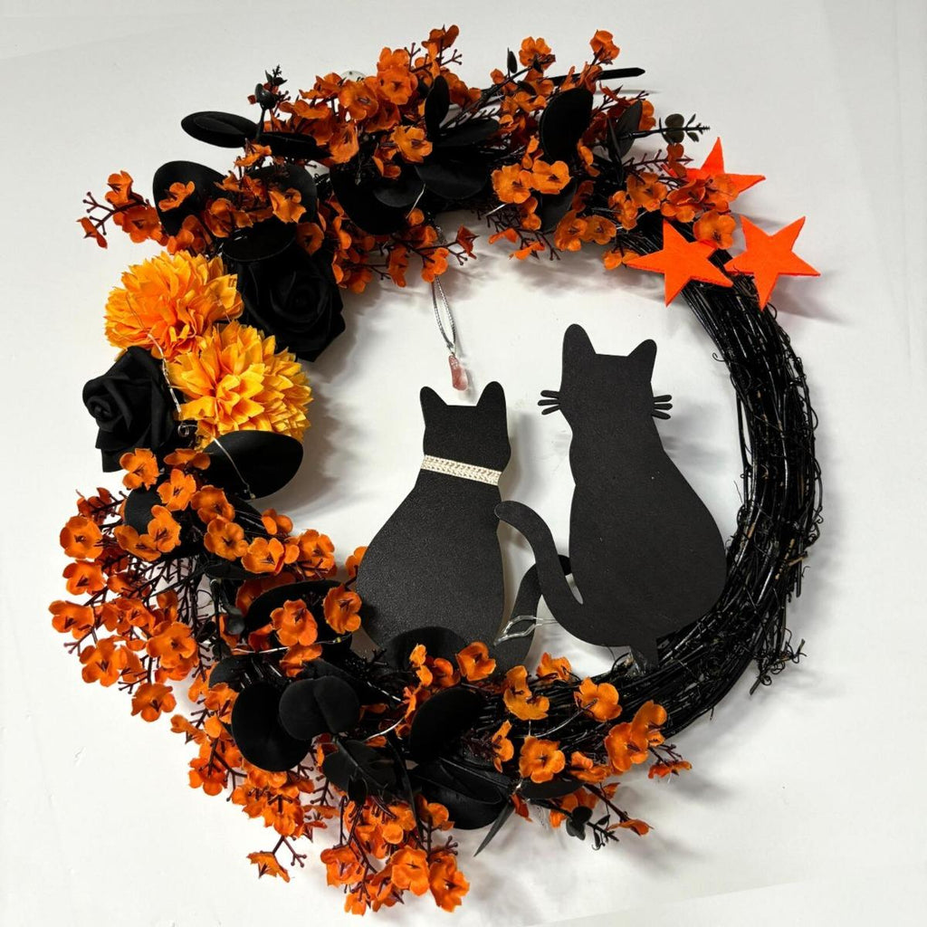 Orange Halloween black cat moon wreath with rose flowers front door wall decor