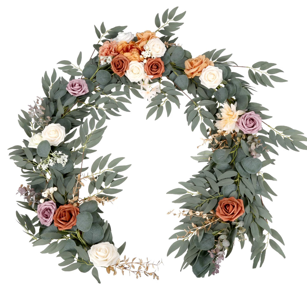 Orange eucalyptus willow leaf garland 6ft white flower wedding table backdrop decor